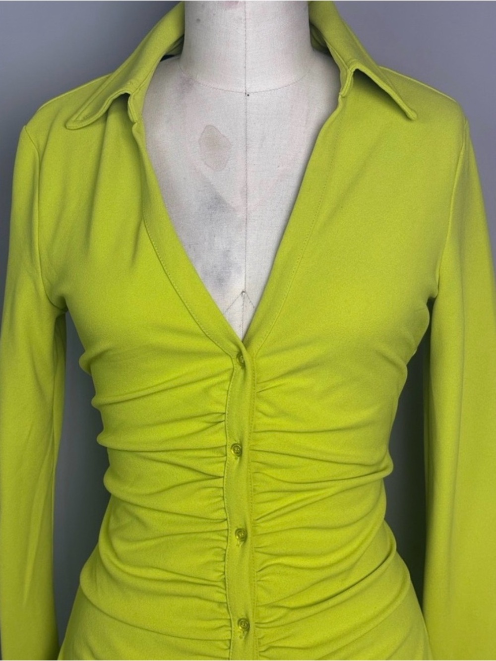 H&M Lime Green Ruched Button-Front Long Sleeve Women’s Dress Small NWT